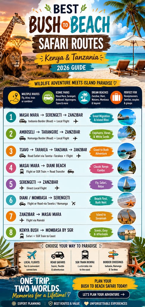 Kenya & Tanzania Bush to Beach Safari Routes (2026) Best Travel Combinations- Mara Triangle Safaris