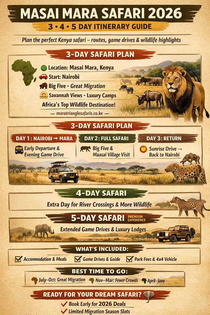 Masai Mara Safari Itinerary (2026): 3, 4 & 5 Day Plans + Map & Costs-Mara Triangle Safaris