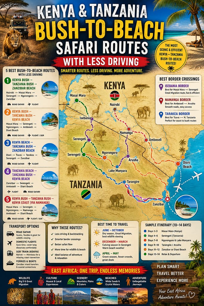 Best Kenya & Tanzania Bush-to-Beach Safari Routes With Less Driving (2026 Guide)-Mara Triangle Safaris